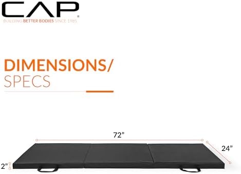 CAP Barbell Folding Exercise Mat – Durable, Anti-Tear, Thick Padding for Fitness, Aerobics, Gymnastics & Home Workouts. 72"L x 24"W x 2"Thick. BLACK