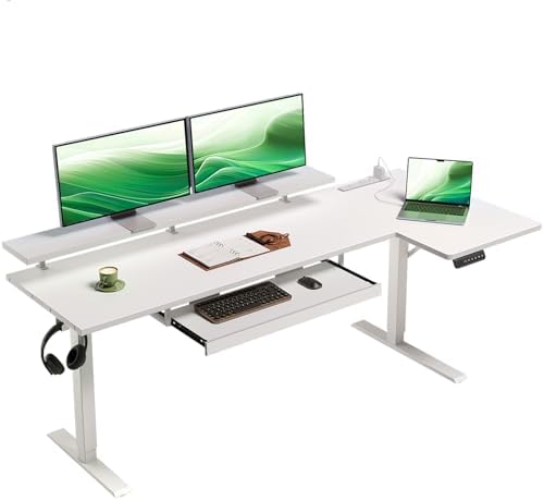 OffiGo 63 Inch Reversible L Shaped Electric Standing Desk, White