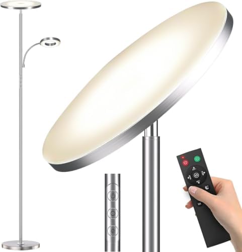 marctronic Brushed Nickel Floor Lamp, 42W 4000LM Brightest LED, Smooth Metallic Body & Anti-Glare, Dimmable Remote/Touch Floor Lamp for Bedroom/Study