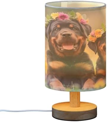 Bedside Lamp Rottweiler Dog Puppy Table Lamp for Bedroom LED Nightstand Lamp Shade USB Ports Wood Base for Living Room Dorm Office