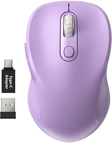 WisFox 2.4G Wireless Mouse for Laptop, Ergonomic Computer Mouse with USB Receiver and Type-C Adapter, 3 Adjustable Levels DPI, 6 Button Mice (Lilac)