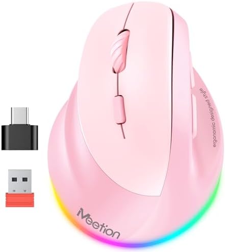 MEETION Left-Handed Ergonomic Mouse, Vertical RGB Design, Pink for Left