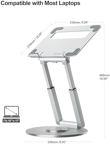 tounee Telescopic Laptop Stand for Desk with 360° Swivel Base, Sit to Stand, Height Adjustable, Portable Riser Holder for Good Posture, Compatible with All Laptops 10-17"-Silver