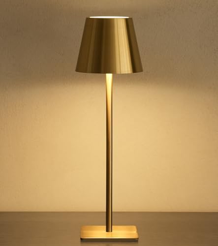 UME Cordless Table Lamp, Battery Operated Lamp - Portable Waterproof Rechargeable Table Lamp w/ 3 Color Temps & Stepless Dimming for Dinner, Desk, Cafe, Outdoor (Brushed Gold)