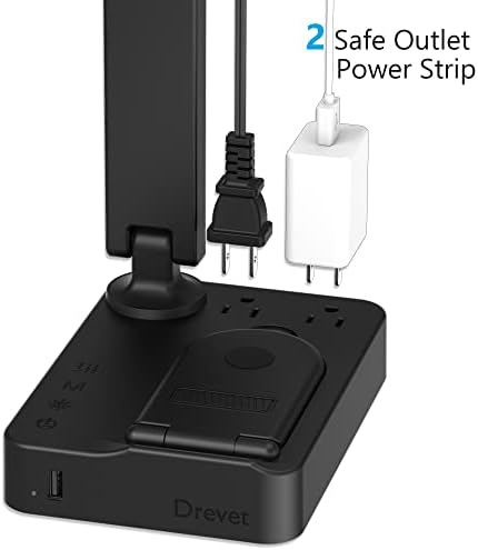 Drevet LED Desk Lamp with Wireless Charger, Desk Table Light with USB Charging Port and 2 Outlets, 3 Lighting Modes, 3 Level Brightness, 1H Timer, Touch Control, Eye-Caring Home Office Foldable Lamp