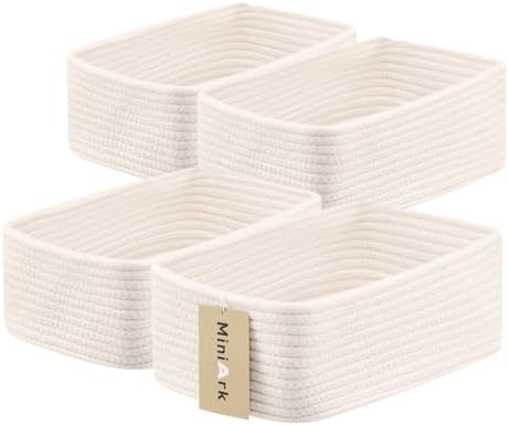 MiniArk Small Storage Baskets for Organizing | Closet Organizer Bins | Shelf Toy Basket | Woven Rope Baskets | Cube Decorative Box | Shallow Basket | 11.5x7.5x4.7” | 4 Packs Off White
