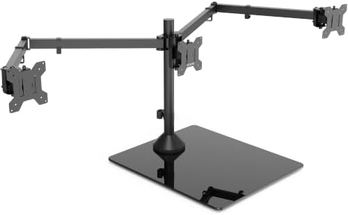 VIVO Black Triple Monitor Mount, Freestanding Triple Monitor Arm Stand for Desk with Glass Base, Heavy Duty Fully Adjustable Stand for 3 Screens up to 32 inches, Black, STAND-V332FG