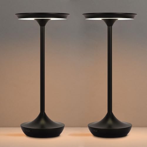 2 Pack Cordless Rechargeable Table Lamps, Portable 6000mAh Battery Desk Lamp Waterproof 3 Color Stepless Dimming Black LED Table Light with Memory Function for Outdoor/Dinning/Patio/Restaurant (2Pack)