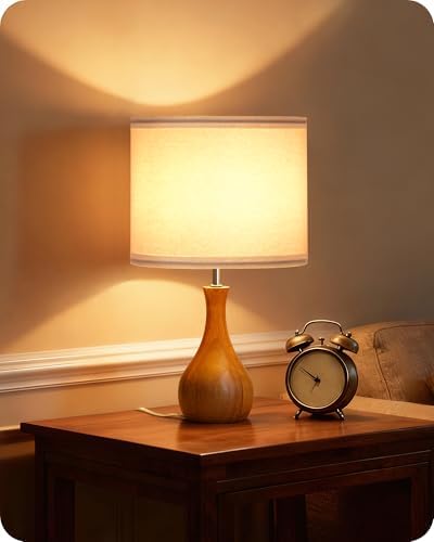 Small Table Lamp, Wood Bedside Lamp with White Linen Lampshade & Dark Wood Base, Mid Century Modern Nightstand Lamp for Bedroom, Living Room, Kid's Room, Dorm Room, E26 Socket, LW09TL05
