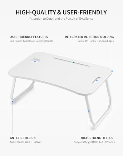 ZEAPTAC Laptop Bed Desk, Foldable Lap Desk, Portable Lap Table, Laptop Stand with Cup Holder, Tablet Slot & Lifting Handle for Work, Write, Draw & Eat on Bed, Sofa or Couch - White