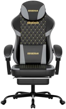 Ergonomic Gaming Chair with Footrest & Massage Lumbar Pillow, Height Adjustable 360° Swivel Computer Chair, Linked Armrest & Headrest for Office Gaming (Black Grey)
