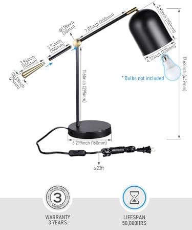 TORCHSTAR Adjustable Metal Desk Lamp Aesthetic, AC 110-120V E26 Base, Black