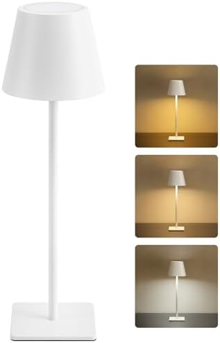 UME Cordless Table Lamp, Battery Operated Lamp - Portable Waterproof Rechargeable Table Lamp w/ 3 Color Temps & Stepless Dimming for Dinner, Desk, Cafe, Outdoor (White)