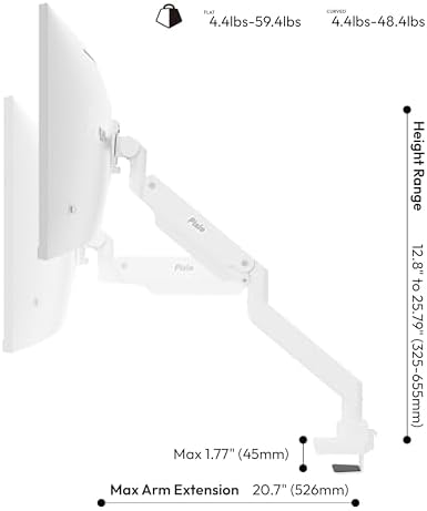 Pixio PS2S Titan White Ultrawide Mega Heavy-Duty Premium Single Monitor Arm Stand fits up to 57 inch Monitors Holds up to 59.4lbs VESA Compatible Integrated Cable Management