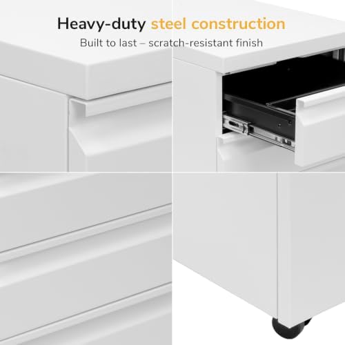 Mount-It! 3 Drawer File Cabinet with Lock and Wheels, Under Desk Storage Filing Pedestal for Home Office, No Assembly Small Rolling File Cabinet for Legal, Letter, and A4 Files in White