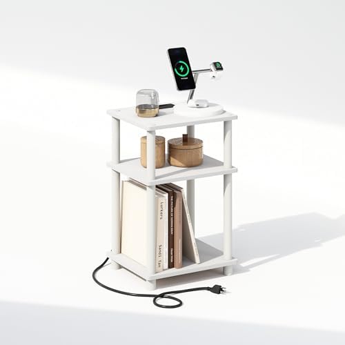 Furinno JUST 3-Tier Night Stand with Charging Station, White