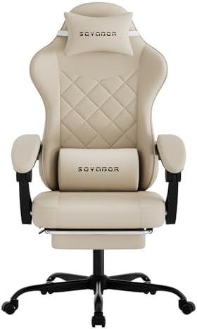 Gaming Chair with Footrest, Ergonomic Leather Computer Chair with Lumbar Support, Height Adjustable High Back Swivel Office Chair for Adults, Gamer Chair for Gaming, Working,Beige