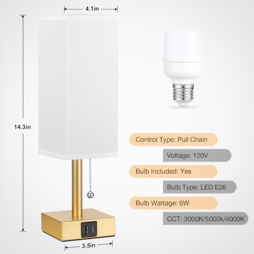 Gold Bedside Table Lamp for Bedroom - Desk Lamp For Nightstand, USB C+A