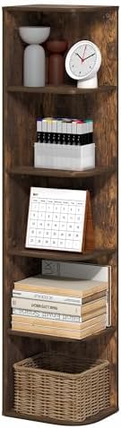Furinno PASIR Book Shelf, 5-Tier Corner Bookshelf with Open Shelf, Standing Bookcase, 9.3 x 12 x 51.7, for Organization and Storage, for Living Room, Bedroom, Home Office, Amber Pine