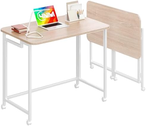 4NM 31.5" Mobile Small Rolling Computer Desk, Folding Laptop Cart Table with Wheels, Portable Office Desk for Small Space Couch Bed - Natural and White