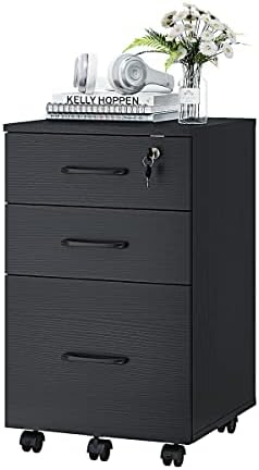 Panana 3 Drawer Wood Mobile File Cabinet, Under Desk Storage Drawers Small File Cabinet for Home Office (Black)