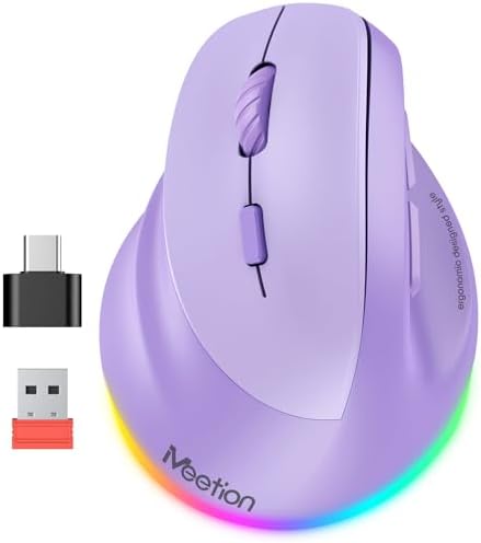 MEETION Left-Handed Ergonomic Mouse, Vertical RGB Wireless Design, Purple