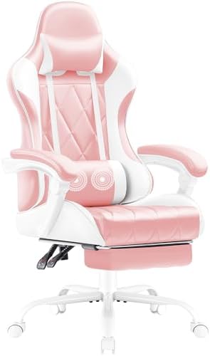 Shahoo Gaming Chair with Footrest and Massage Lumbar Support, Ergonomic Office Computer Seat Height Adjustable with Headrest, Pink