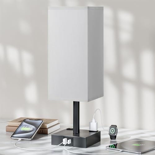 Grey Touch Table Lamp for Bedroom - Dimmable, USB C+A, 2 AC Outlets
