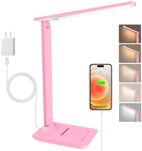 White crown LED Desk Lamp Dimmable Table Lamp Reading Lamp with USB Charging Port, 5 Lighting Modes, Sensitive Control, 30/60 Minutes Timer Pink (Pink, First-Generation)