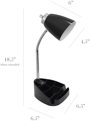 Simple Designs LD1093-BLK 18.5" All-in-One Gooseneck Desk Lamp with iPad Stand, Book Holder, and Convenient USB Port, for Office, Bedroom, Living Room, Black