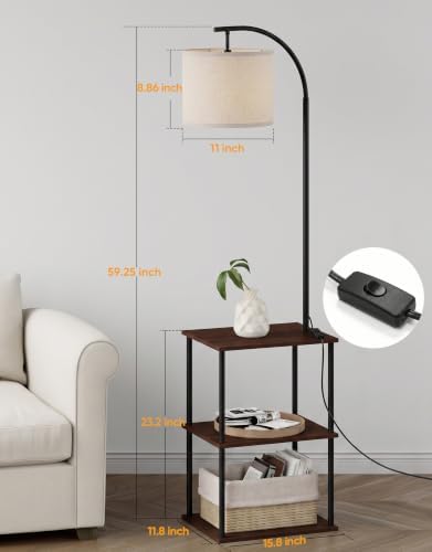 PARTPHONER Floor Lamp with Table, Night Stand with Lamp, Narrow Side Table with 3CCT LED Bulb, Small Coffee Table, Modern End Table with Storage Shelves for Living Room Bedroom, Walnut Brown