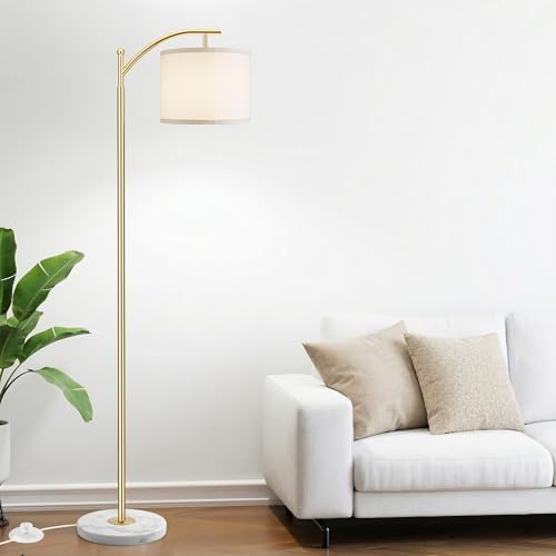 ROTTOGOON Gold Floor Lamp for Living Room with Marble Base, Modern Standing Lamp with 3 Color Temperatures Bulb & Adjustable Linen Shade, Tall Lamp for Bedroom Office Reading Nursery