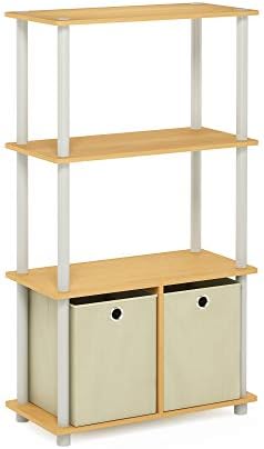 Furinno GO GREEN Storage Shelf, 4-Tier Storage Rack with Bins, Book Shelf, Display Rack, with Storage Bins, for Organization and Storage, Living Room, Home Office, Beech