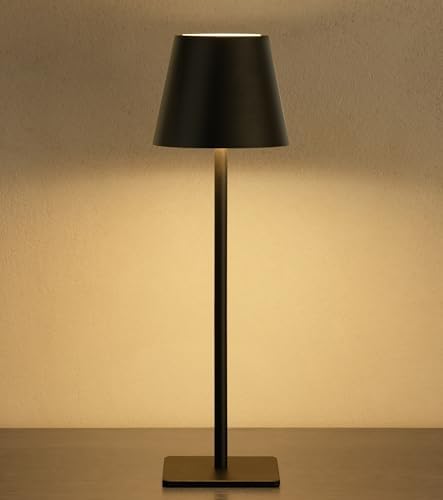 UME Cordless Table Lamp, Battery Operated Lamp - Portable Waterproof Rechargeable Table Lamp w/ 3 Color Temps & Stepless Dimming for Dinner, Desk, Cafe, Outdoor (Black)