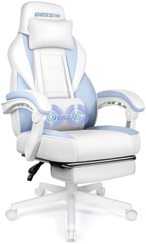 BOSSIN Gaming Chair with Massage, Ergonomic Heavy Duty Design with Footrest and Lumbar Support, Large Size Cushion High Back Office Chair, Big and Tall Gaming Computer Chair for Kids（White and Blue）
