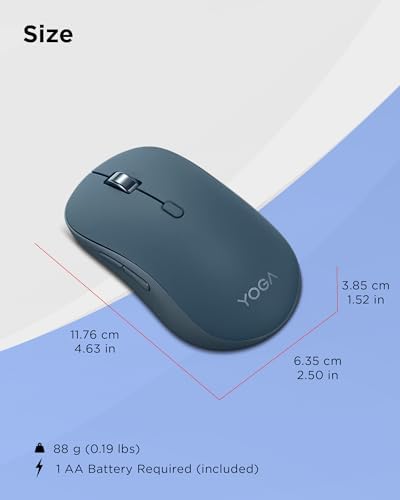 Lenovo Yoga Bluetooth Silent Mouse, 3 Level DPI Adjustment, 36 Month Battery Life, Bluetooth 5.3, 3 Device Paring, Whisper Quiet, Programmable Buttons, Smooth Finish, Tidal Teal