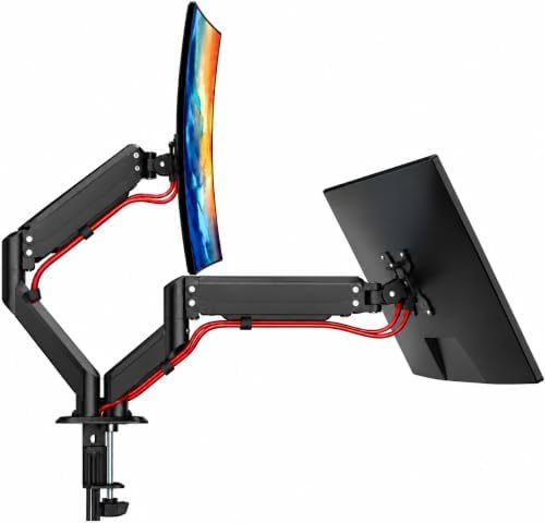 Dual Monitor Arm Stand – Adjustable Gas Spring Desk Mount for 2 Computer Screens, Full Motion Monitor Stand with Dual Clamp Base, Landscape & Portrait Rotation, Tilt & Swivel, Cable Management