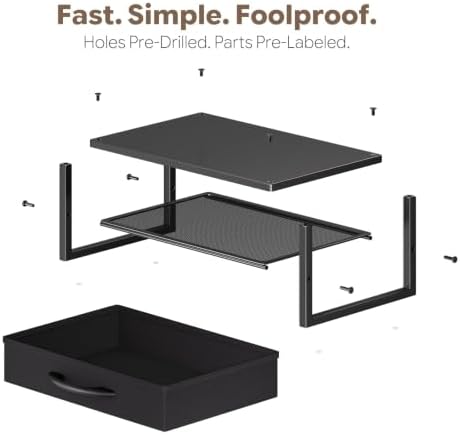 Ekisemio Metal Monitor Stand Riser with Fabric Drawer, 2-Tier Computer Desk Organizer for Laptop, Computer, iMac, Black | Fabric Drawer, 2-Tier Design, Desk Organizer, Metal Construction