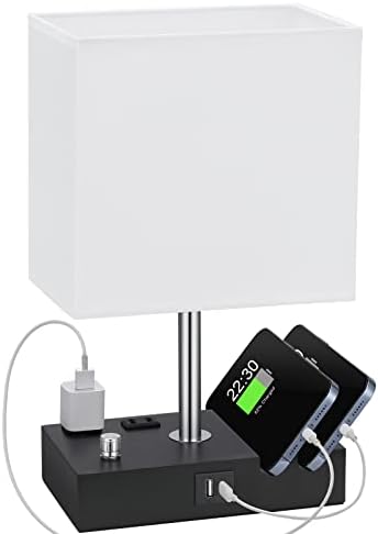 White Table Lamp for Bedroom - Stepless Dimmable, USB C+A, 2 AC Outlets