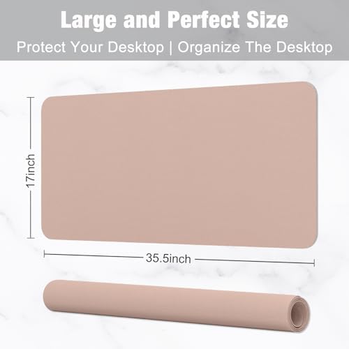Hsurbtra Desk Pad, 35.5" x 17" PU Leather Desk Mat, XXL Extended Mouse Pad, Waterproof Desktop Blotter Protector, Non-Slip Ultra Thin Large Laptop Keyboard Writing Mat for Office Home, Beige Apricot