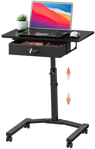 Rolling Adjustable Height Computer Desk With Drawers, Small Mobile Laptop Desk Cart On Wheels For Small Spaces Home Office, Portable Sitting Laptop Table For Bed Couch Load Up To 60LBS, Sturdy, Black