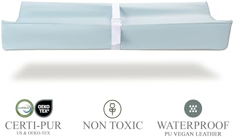 Vegan Leather Contoured Baby Changing Pad | Waterproof & Wipe-Clean PU Leather Diaper Change Mat, Soft, Wipeable Cover, Safety Strap, Non-Slip Bottom, Topper for Standard Infant Diaper Table & Dresser