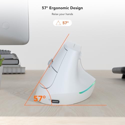 KYSONA Wireless Ergonomic Mouse, Vertical Mouse, Bluetooth Ergo Mouse, Quiet Click, 5 Level Adjustable DPI(800/1200/2400/2400/4000), Rechargeable 2.4G Mice Computer, PC, Mac, Laptop, White