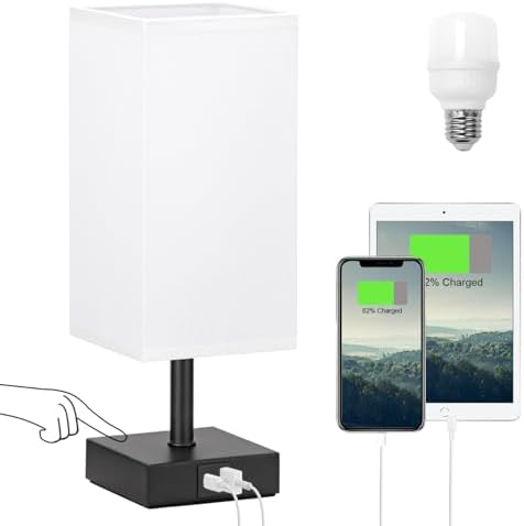 Touch Table Lamp for Bedroom - Dimmable, USB C+A, White Lamphade Black Base