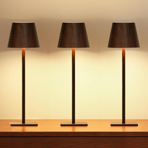 UME 3 Pack Cordless Table Lamp, Battery Operated Lamp - Portable Waterproof Rechargeable Table Lamp w/ 3 Color Temps & Stepless Dimming for Dinner, Desk, Cafe, Outdoor (Woodgrain)
