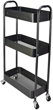 3 Tier Slim Metal Rolling Storage Cart for Laundry Room & Kitchen Organizer, 7.1'' Thin Standing Shelf for Narrow Spaces, Skinny Utility Cart with Wheels & Casters for Bathroom, Black