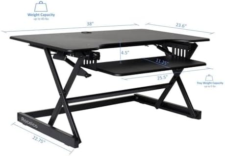 Rocelco 38" Large Height Adjustable Standing Desk Converter - Quick Sit Stand Up Dual Monitor Riser - Gas Spring Assist Tabletop Computer Workstation - Retractable Keyboard Tray - Black (R DADRB-38)