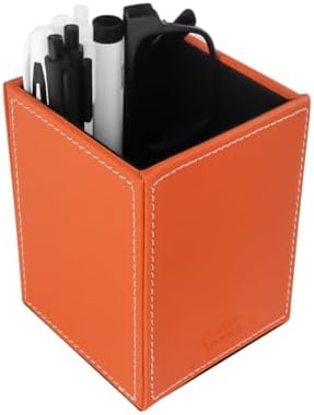 Pen Pencil Holder Cup Container PU Leather Desk Organizer Stand Decor Brush Scissor Holder Decoration Office Desk Home School (Orange, 3.54" x 3.54" x 4.72")