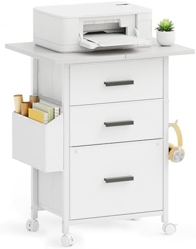 Mexin 3 Drawer File Cabinet with 22'' Extended Desktop, Mobile Filing Cabinet, Printer Stand, Rolling Printer Stand with Side Bag, Fabric Drawer, Fits A4 Size, Home Office, White