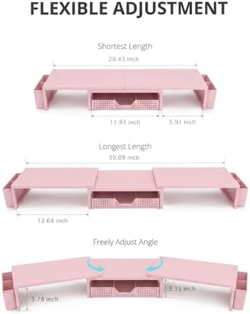 OPNICE Desk Organizers and Accessories, Dual Monitor Stand Riser with Drawer and 2 Pen Holders, Desk Shelf Printer Stand for Office Workspace Organizers, Desktop Organization (Light Pink)